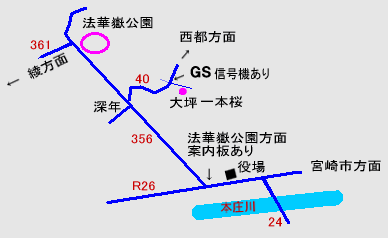宮崎県 国富町 大坪の一本桜の地図概略
