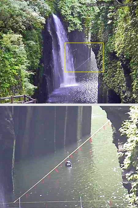 高千穂峡ボート規制区域のロープ ブイ 赤い旗 高千穂峡ボート規制区域のロープ ブイ 赤い旗